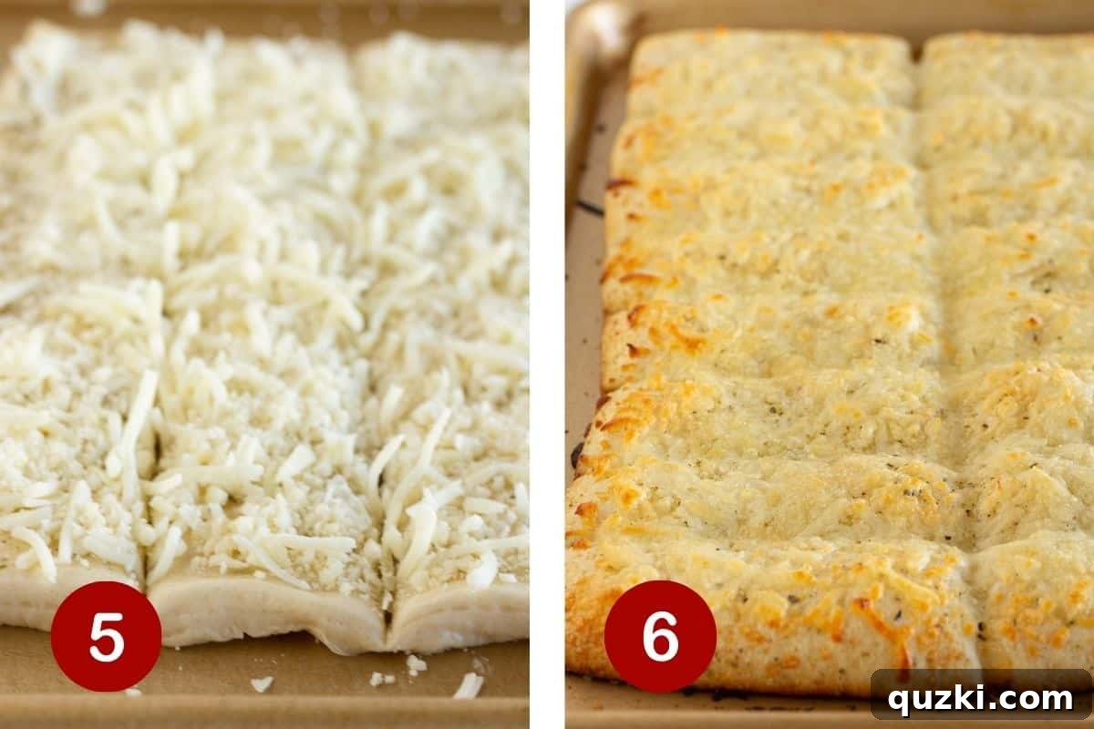 Melt-in-Your-Mouth Cheese Sticks 6 Slicing the cheesy breadsticks on a baking sheet before baking, and then the final baked breadsticks.