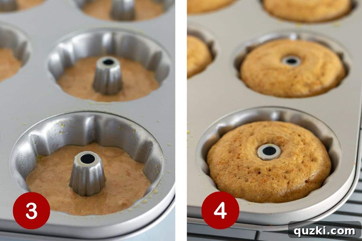 Effortless Mini Carrot Bundts 5 A mini bundt pan filled with cake batter, alongside baked mini bundt cakes cooling on a wire rack.