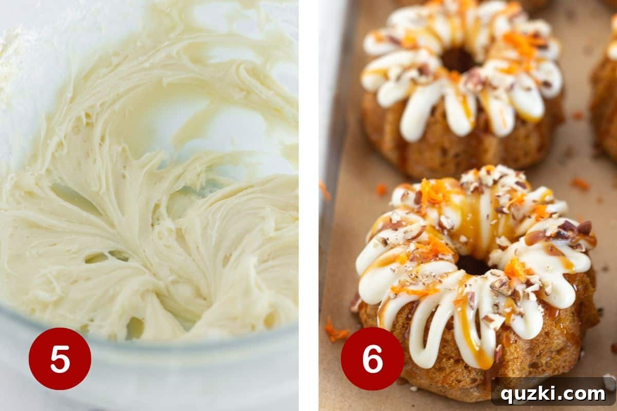 Effortless Mini Carrot Bundts 6 The process of making cream cheese frosting in a bowl, followed by frosted mini bundt cakes being drizzled with caramel and sprinkled with pecans.