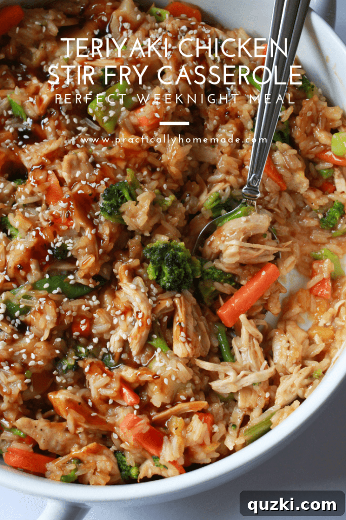 A vibrant Teriyaki Chicken Stir Fry Casserole, showcasing shredded chicken, colorful vegetables, and rice in a baking dish, ready to be enjoyed.