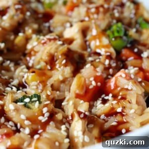 A top-down view of the Teriyaki Chicken Stir Fry Casserole in a serving dish, showing its appealing presentation.