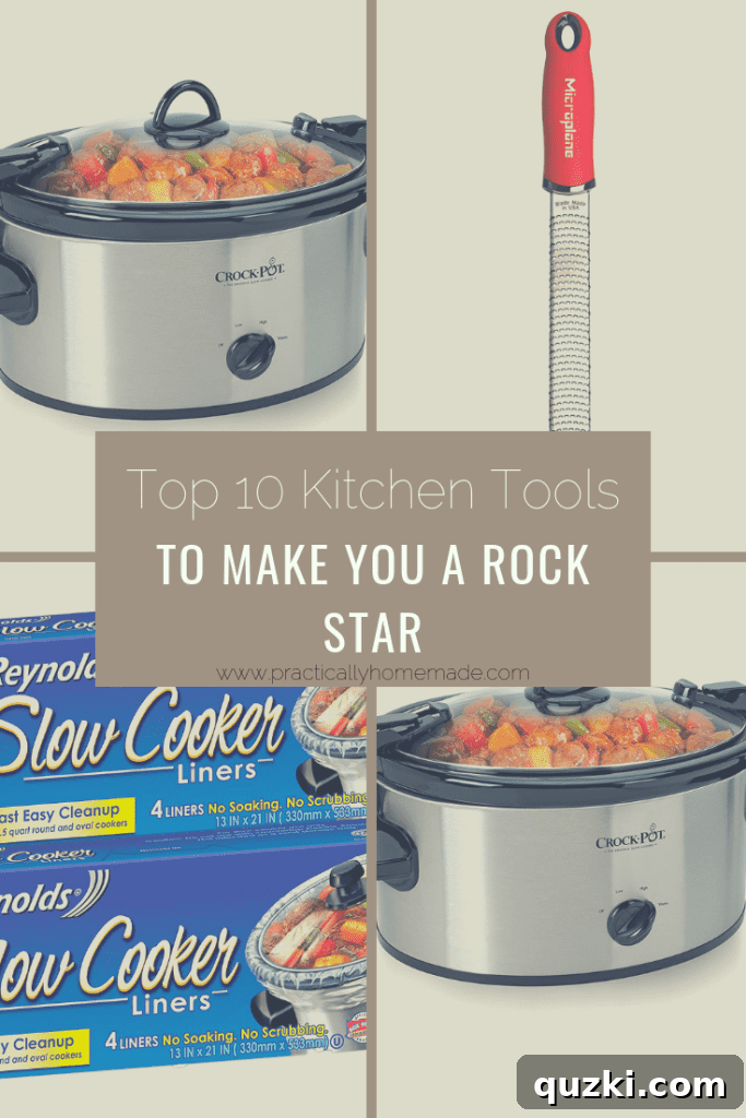 Top 10 essential kitchen tools for home cooks including microplane, crock pot, kitchen shears, serrated paring knife, and garlic press