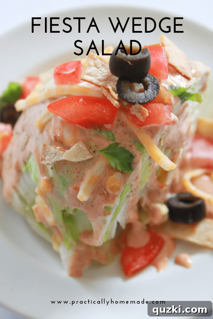 Vibrant Fiesta Wedge Salad 2 Fiesta Wedge Salad with Mexican-inspired dressing and toppings like cheese, tomatoes, cilantro, and tortilla strips. A refreshing taco salad recipe perfect for summer and Cinco de Mayo.
