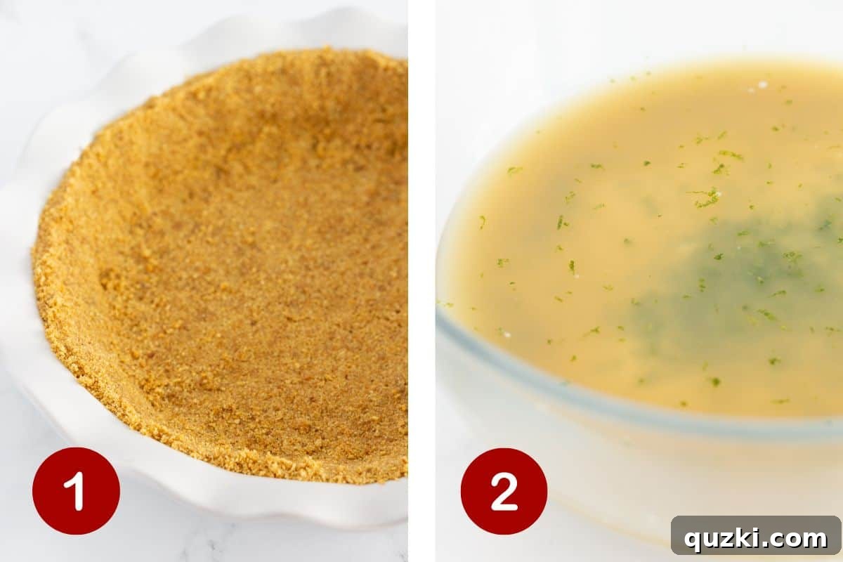 Making the graham cracker crust and combining the filling ingredients in bowls.