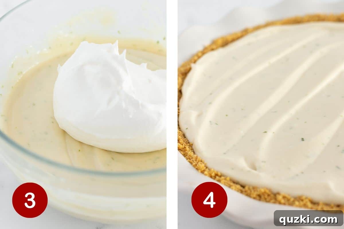Adding whipped cream to the key lime filling and pouring the filling into the prepared crust.