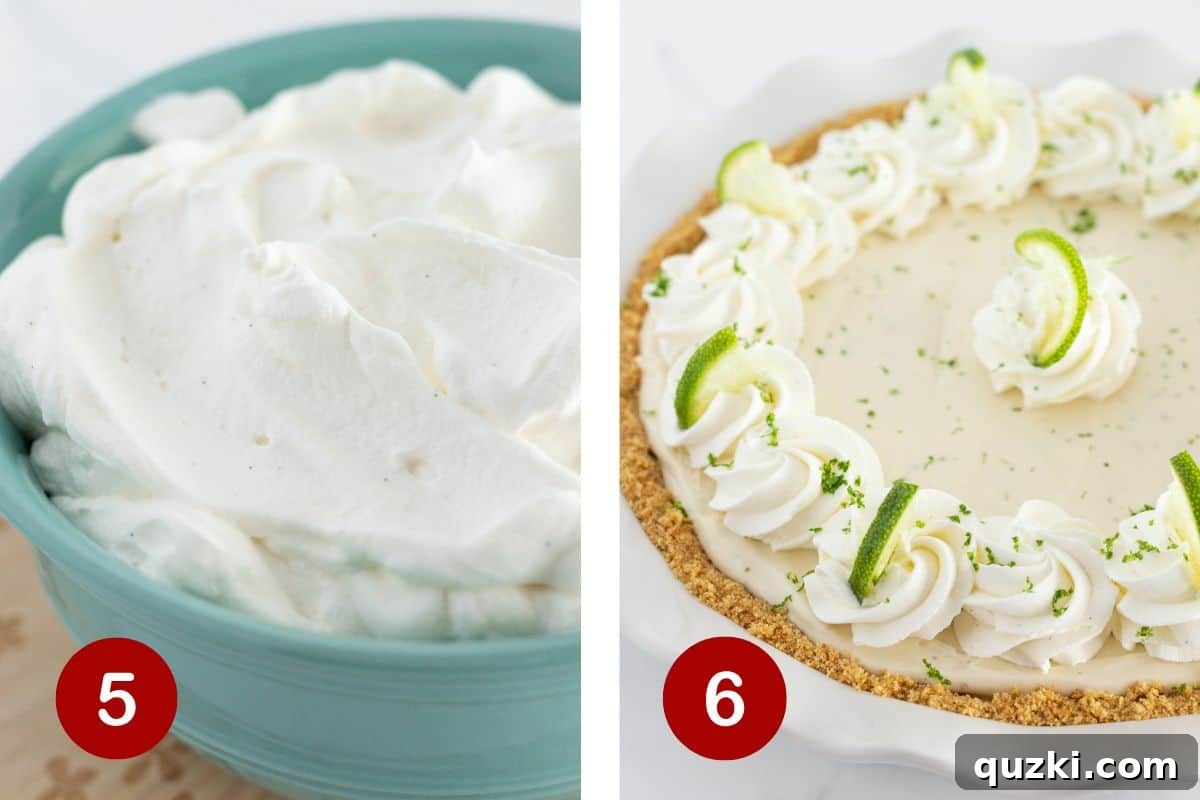 Making the homemade whipped cream and adding it to the top of the pie with lime zest and slices before serving.