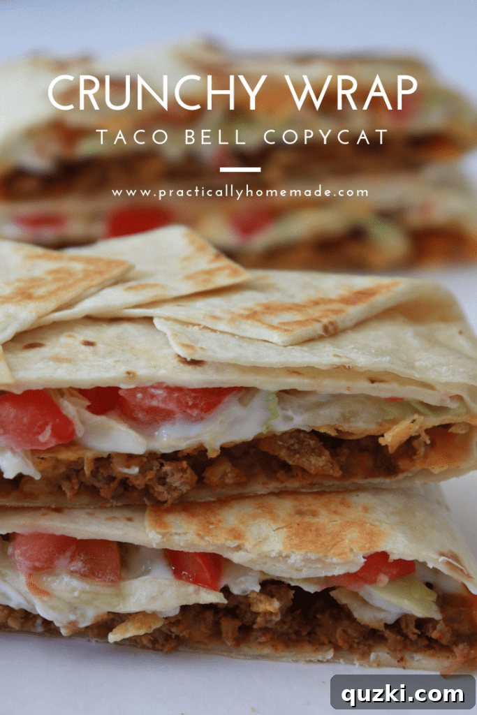 Golden Crunch Pocket 3 Ingredients for Homemade Crunchy Wrap: ground beef, nacho cheese, tostada shells, sour cream, lettuce, tomato, shredded cheese, and large flour tortillas.