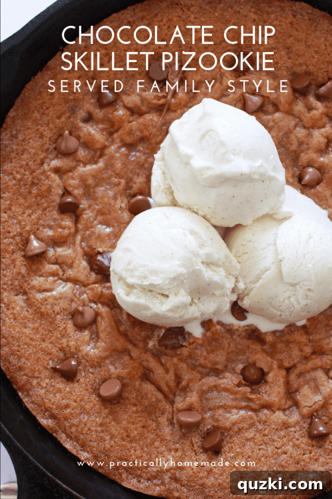 Decadent Skillet Chocolate Chip Cookie 3 Close-up of a freshly baked Chocolate Chip Skillet Pizookie with a spoon scooping into its gooey center