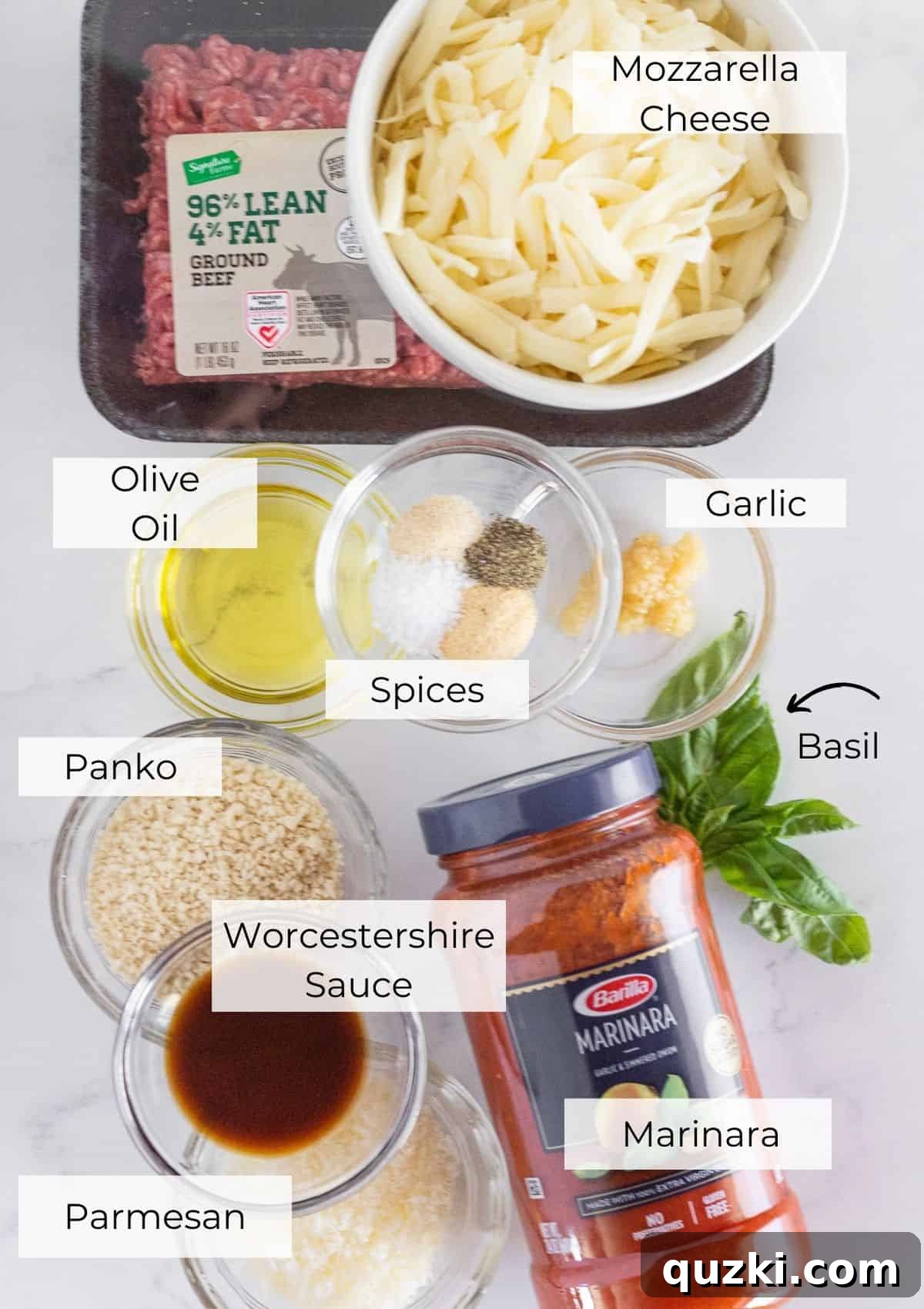 All the fresh ingredients laid out on a wooden board, ready for making the easy Meatball Skillet.