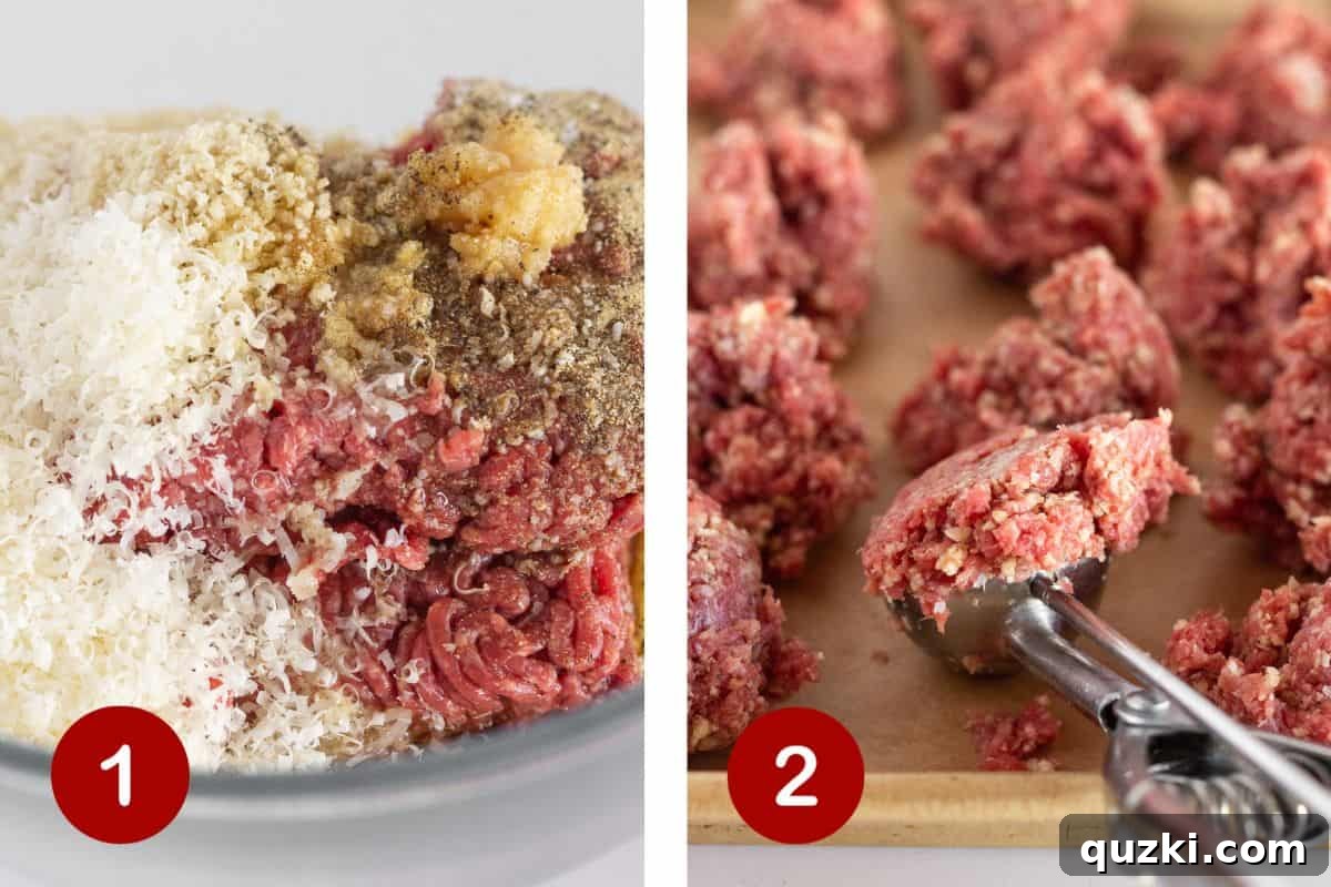 Steps 1 and 2 of making meatball skillet: first, combine all ingredients in a bowl; second, scoop and roll the meat mixture into evenly sized meatballs.