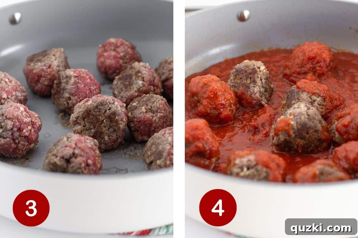 Steps 3 and 4 of making meatball skillet: first, brown the meatballs evenly in a hot skillet; second, add marinara sauce over the browned meatballs.