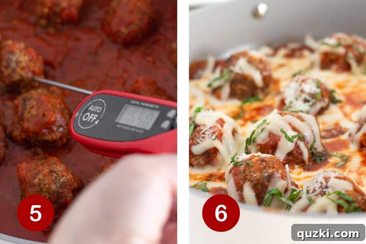 Steps 5 and 6 of making meatball skillet: first, cook the meatballs thoroughly in sauce; second, top with cheese, melt, and serve with fresh basil.