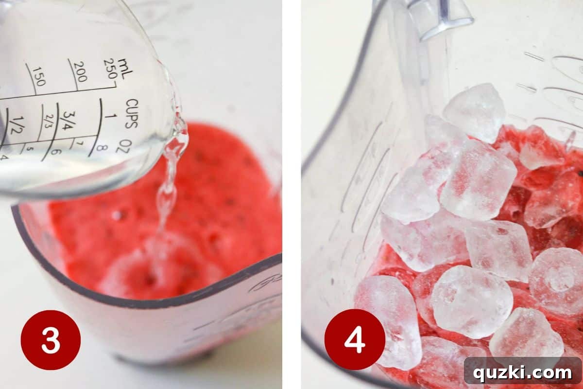 Vibrant Frozen Fruit Daiquiri 4 Rum (or water) and ice being added to the blender with the blended fruit and simple syrup mixture.