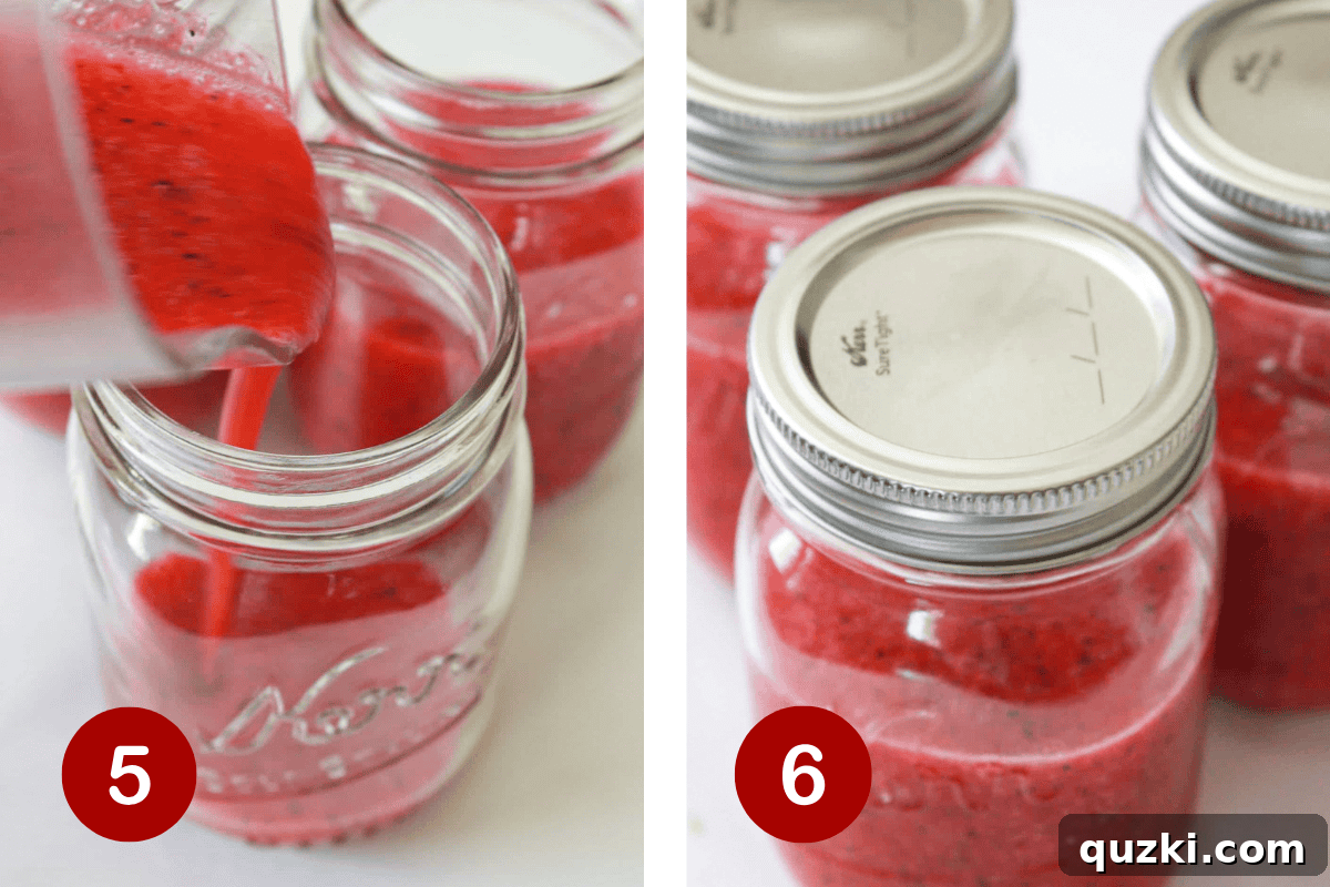 Vibrant Frozen Fruit Daiquiri 5 Freshly blended mixed fruit frozen daiquiri being poured into mason jars, ready to be served or stored.