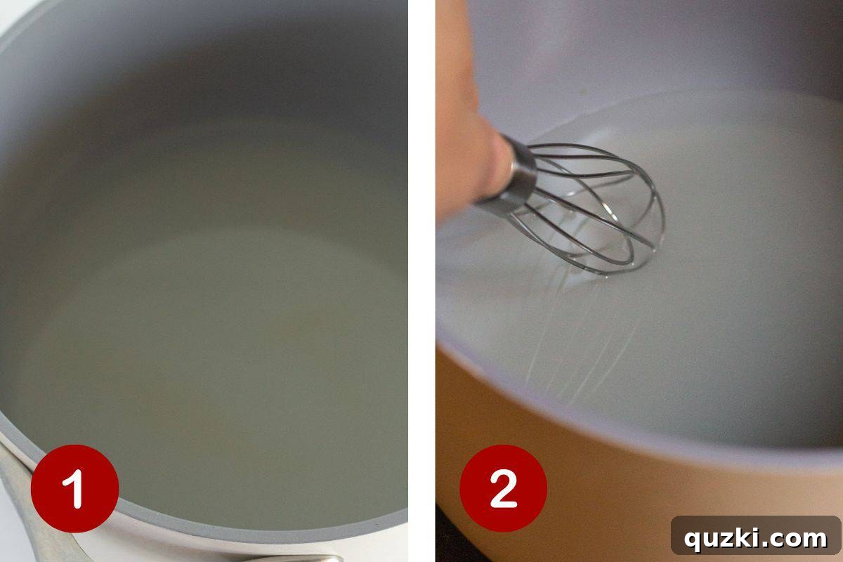 Two images side by side: one showing sugar and water combined in a saucepan (Step 1), and the other showing the clear, dissolved syrup after whisking over heat (Step 2).