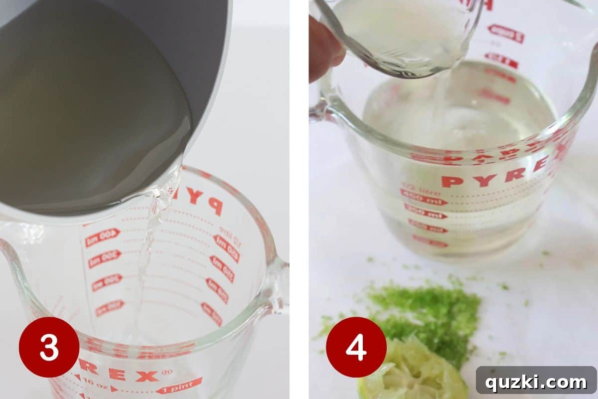 Two images side by side: one showing hot simple syrup cooling in a jar (Step 3), and the other showing fresh lime juice and zest being stirred into the cooled syrup (Step 4).