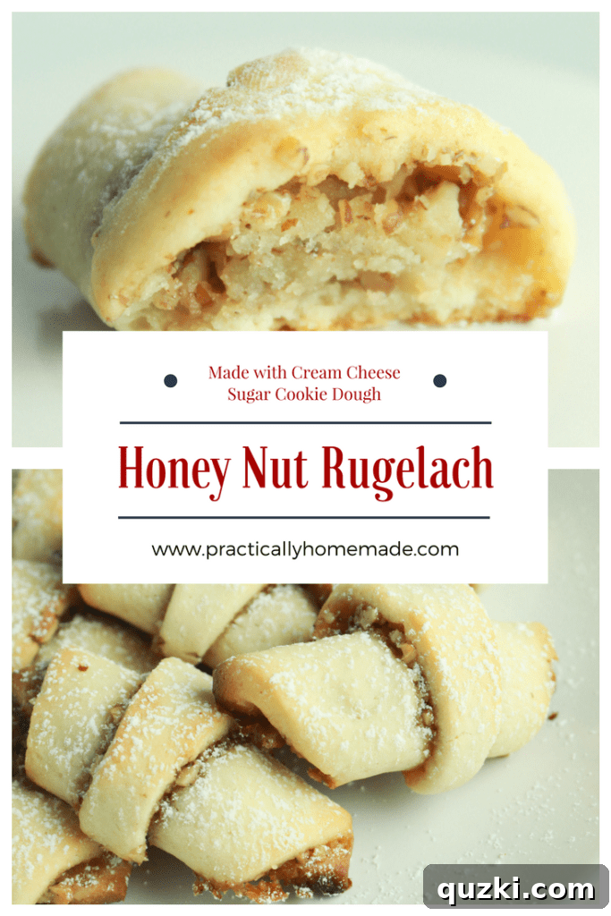 Exquisite Honey Nut Rugelach cookies, beautifully arranged and dusted with powdered sugar, perfect for holiday dessert tables.