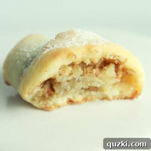 A beautifully presented plate of golden-brown Honey Nut Rugelach cookies, lightly dusted with powdered sugar.