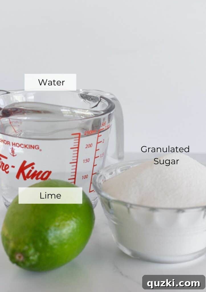 Patriotic Fruit Medley 5 Ingredients for lime simple syrup: fresh limes, sugar, and water in a small saucepan.