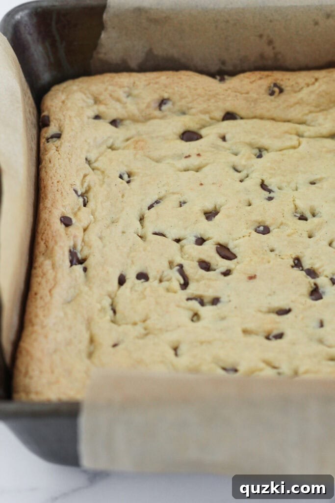 Golden brown chocolate chip cookie bars cooling in the pan after baking to perfection.