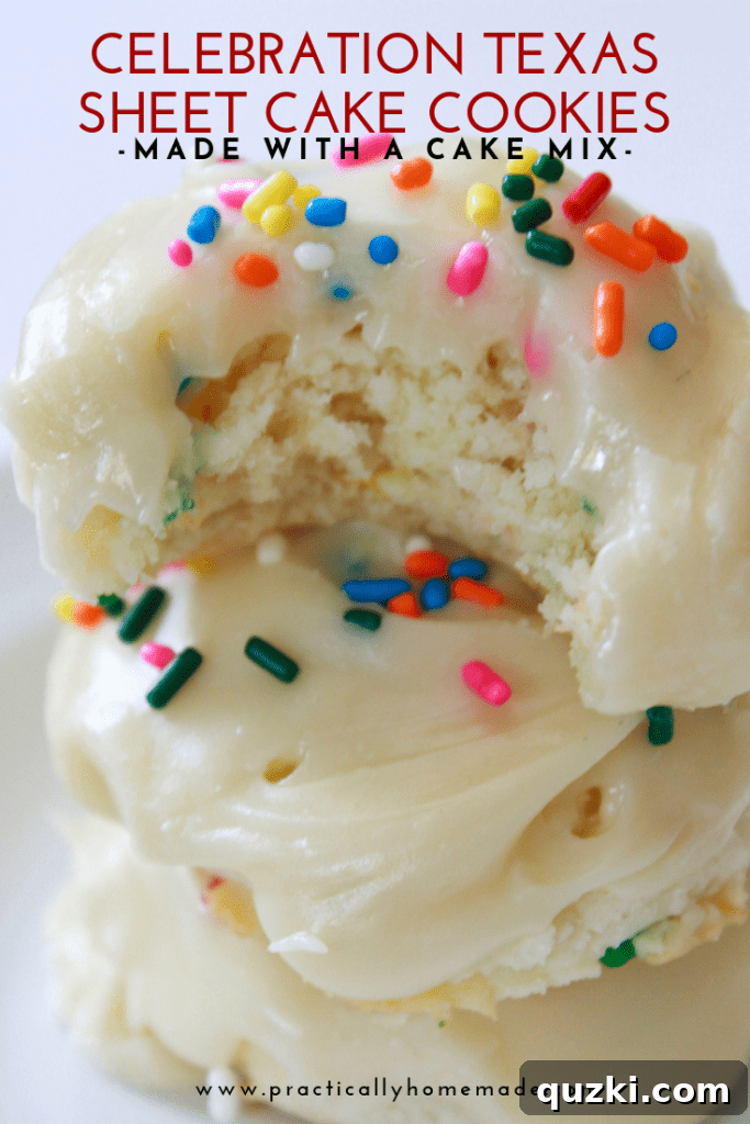 Festive Texas Sheet Cake Cookie Bites 3 Celebration Texas Sheet Cake Cookies recipe featured by top US food blog, Practically Homemade. A delicious cookie with sprinkles on a festive plate.