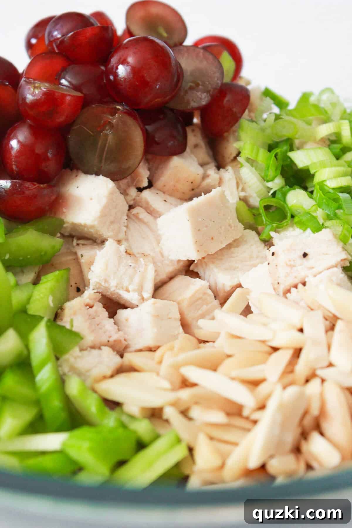 A vibrant bowl of chicken salad with grapes and almonds, showcasing the fresh ingredients.