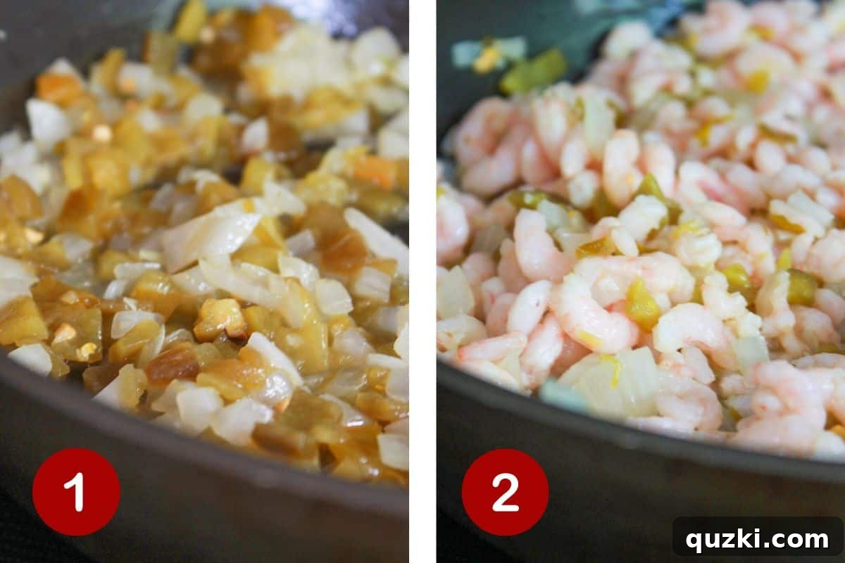Flavorful Shrimp Enchiladas in a Flash 3 The process of preparing the savory shrimp filling for enchiladas, showing sautéed onions, diced green chiles, and tender shrimp coming together in a skillet.