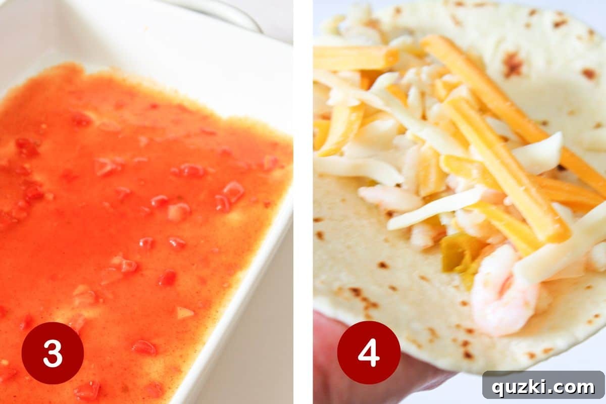 Flavorful Shrimp Enchiladas in a Flash 4 A step-by-step image showcasing the preparation of the enchilada sauce and the careful process of filling tortillas with the shrimp and cheese mixture.