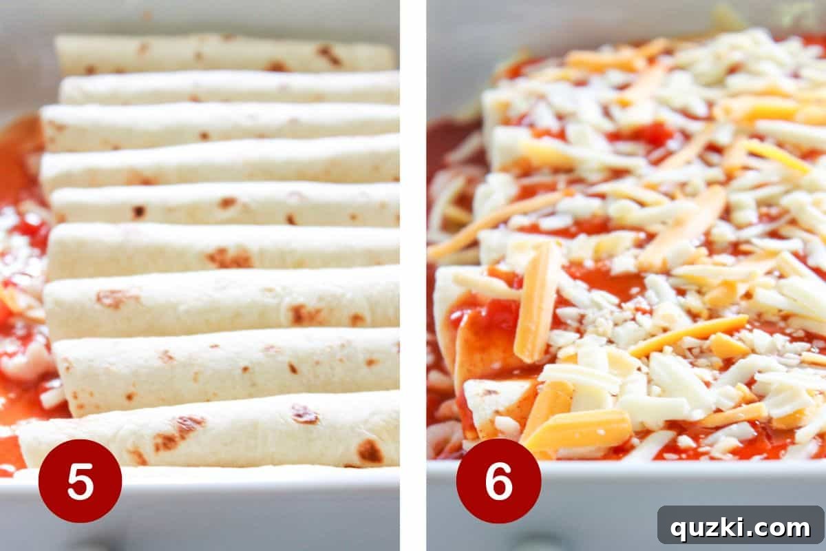 Flavorful Shrimp Enchiladas in a Flash 5 The final stages of preparing the shrimp enchiladas, including rolling filled tortillas, topping them with sauce and cheese, and the casserole baking to golden perfection.