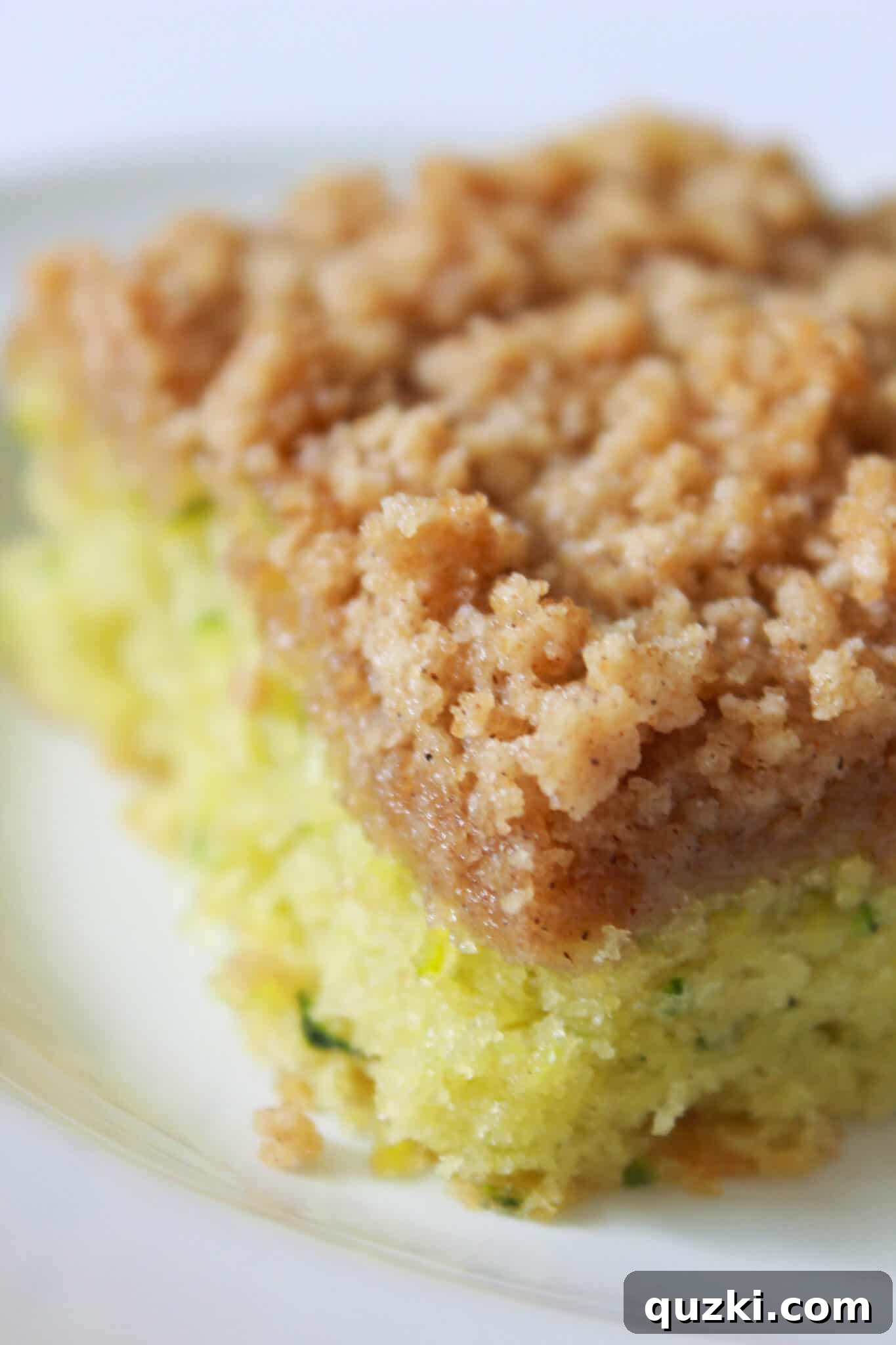 Effortless Zucchini Crumb Cake 2 A delectable slice of Easy Zucchini Crumb Cake on a white plate, highlighting its moist interior and golden crumb topping.