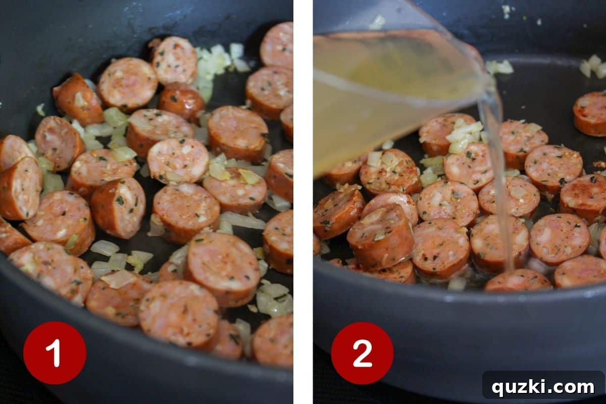 Single Skillet Sausage Tortellini Supper 3 Step-by-step image showing sausage and onions cooking, followed by adding chicken broth to deglaze the skillet.