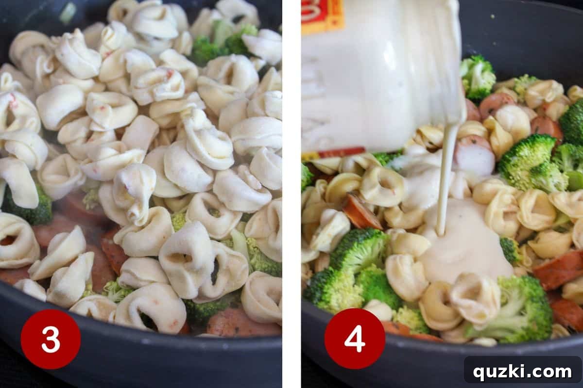Single Skillet Sausage Tortellini Supper 4 The cooking process continues with broccoli, tortellini, and creamy Alfredo sauce being added to the skillet.