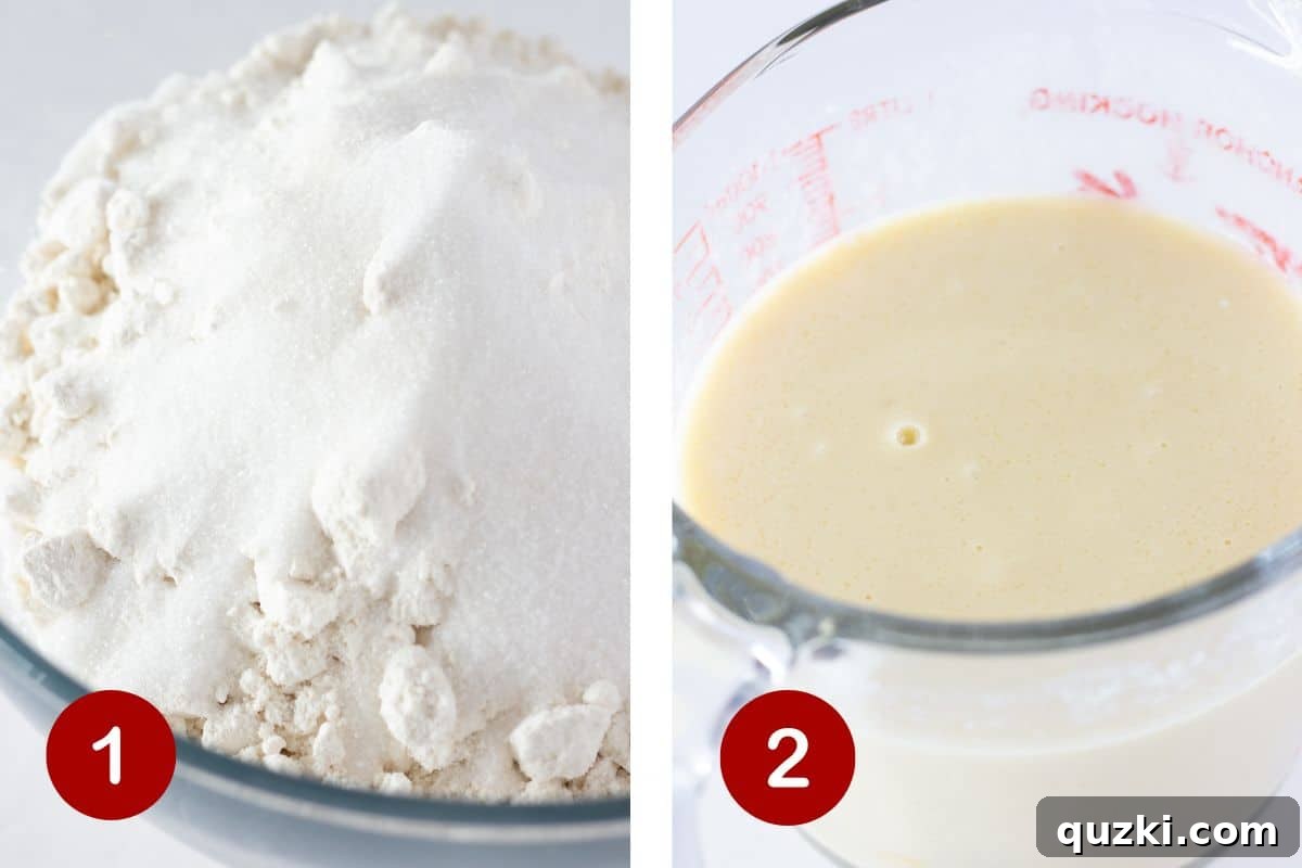 One-Pan Pancake Mix Magic 4 Two bowls showing dry ingredients (pancake mix and sugar) in one, and wet ingredients (eggs, oil, vanilla, milk, buttermilk) in the other, prepared separately.