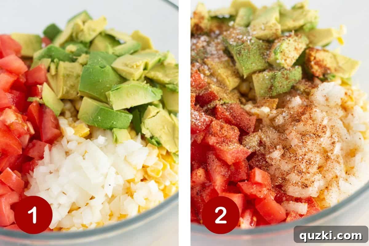 Vibrant Corn and Avocado Salsa 4 The process of combining fresh corn, tomatoes, onions, and avocado in a bowl, followed by adding a sprinkle of seasonings to the mix.