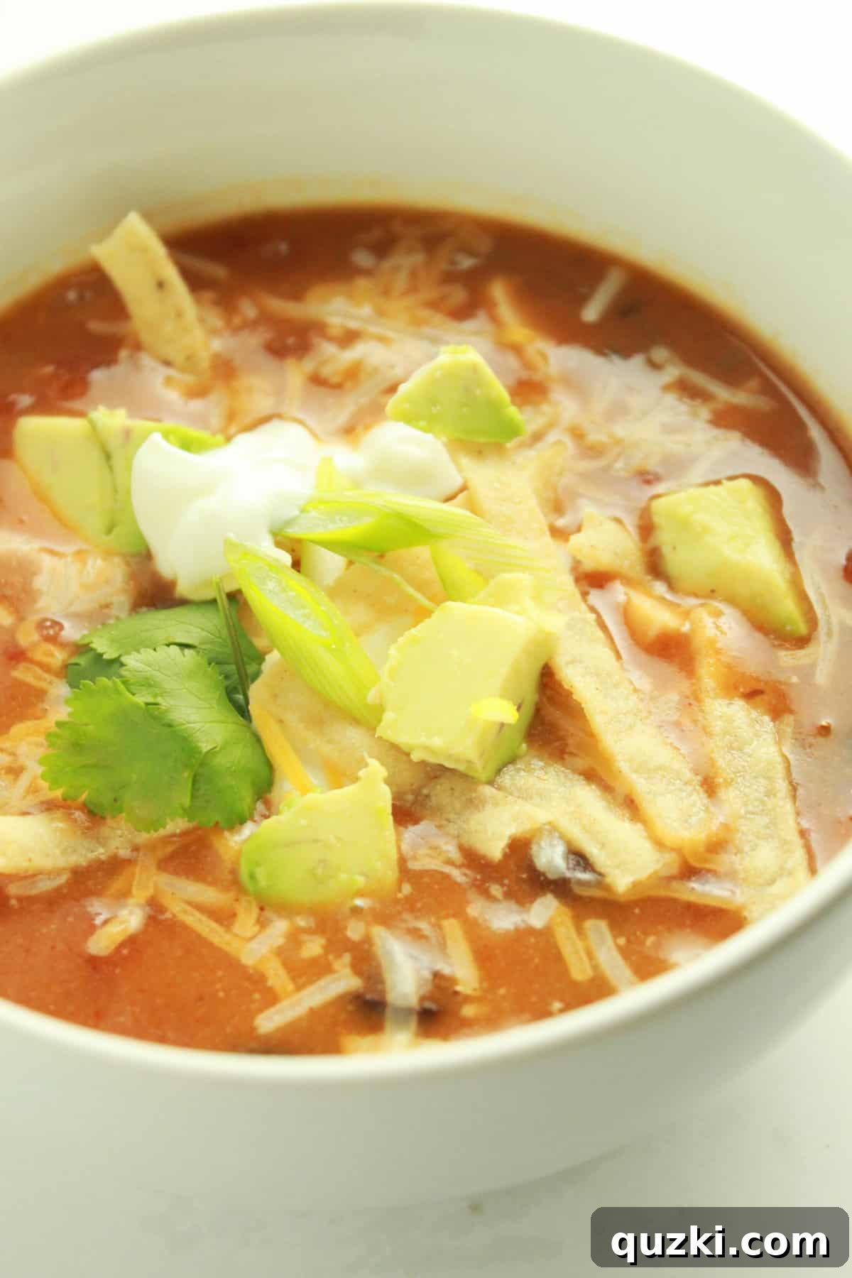 A serving of homemade Chicken Enchilada Soup with fresh toppings, a customizable family dinner.