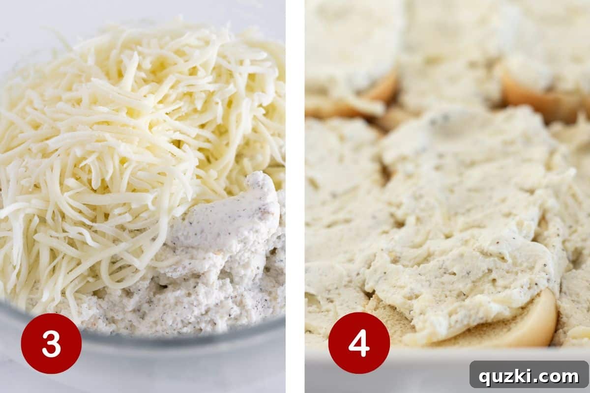 Assembling the Meatball Sub Casserole: Adding shredded mozzarella cheese to the ricotta filling and evenly topping the hoagie rolls with the creamy mixture.