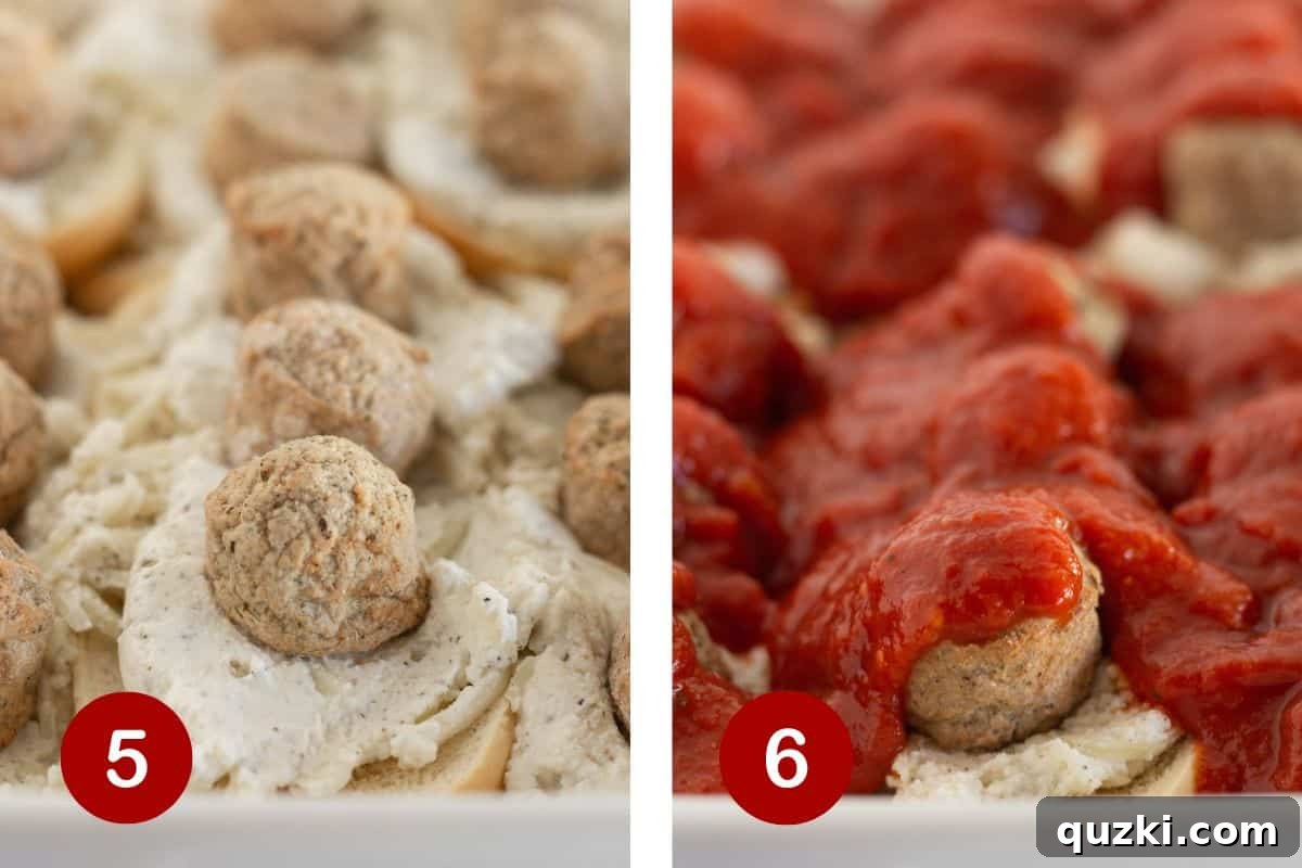 Completing the Meatball Sub Casserole layers: Topping the cheese mixture with meatballs and then generously pouring marinara sauce over them.