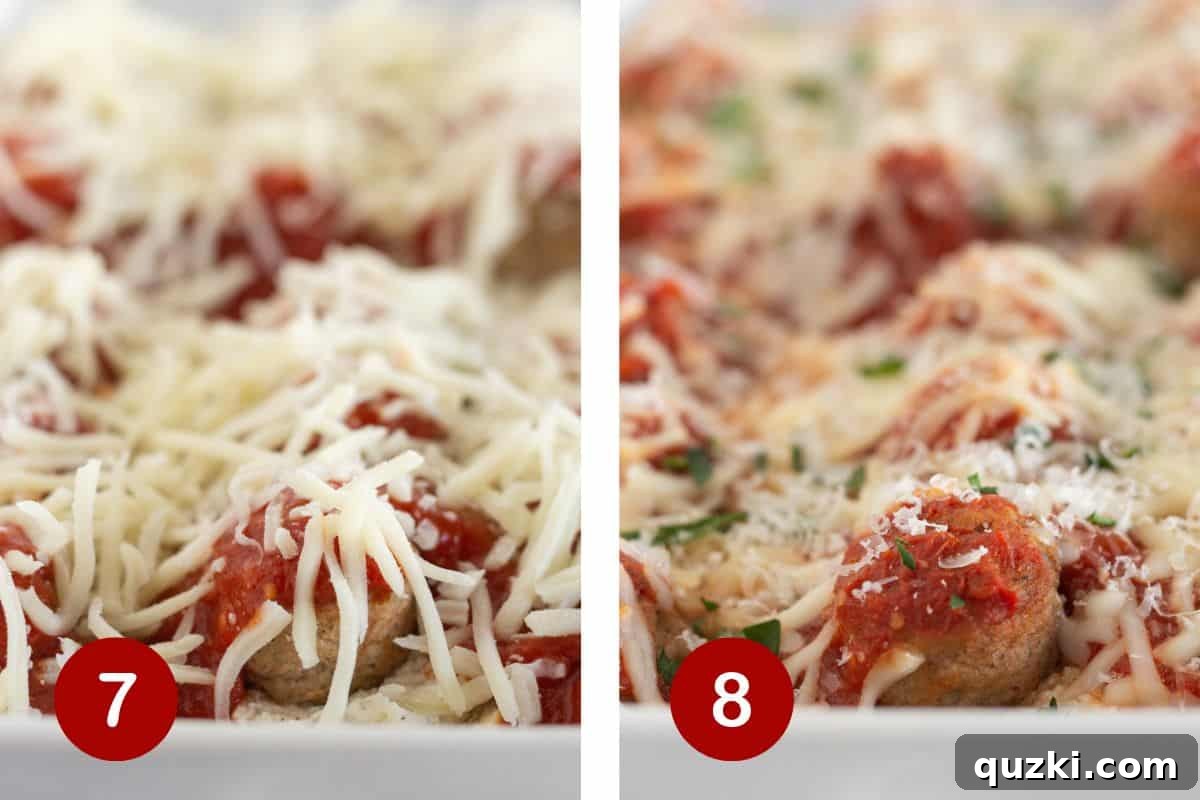 The finished Meatball Sub Casserole, topped with mozzarella cheese and baked for 30 minutes, then garnished with Parmesan cheese and fresh parsley.