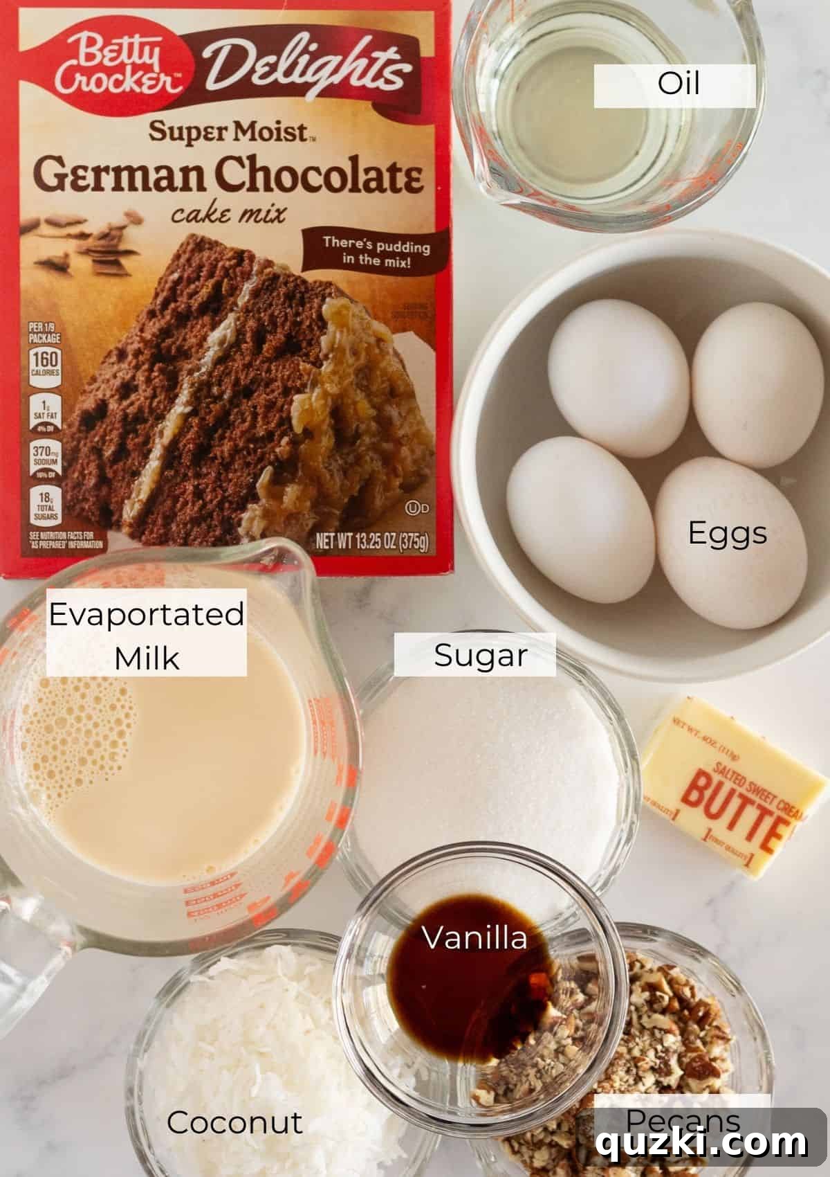 Pratik Alman Çikolatalı Kek Karışımı Kurabiyeleri 3 Ingredients laid out for German Chocolate Cake Mix Cookies, including a cake mix box, eggs, oil, and frosting components.