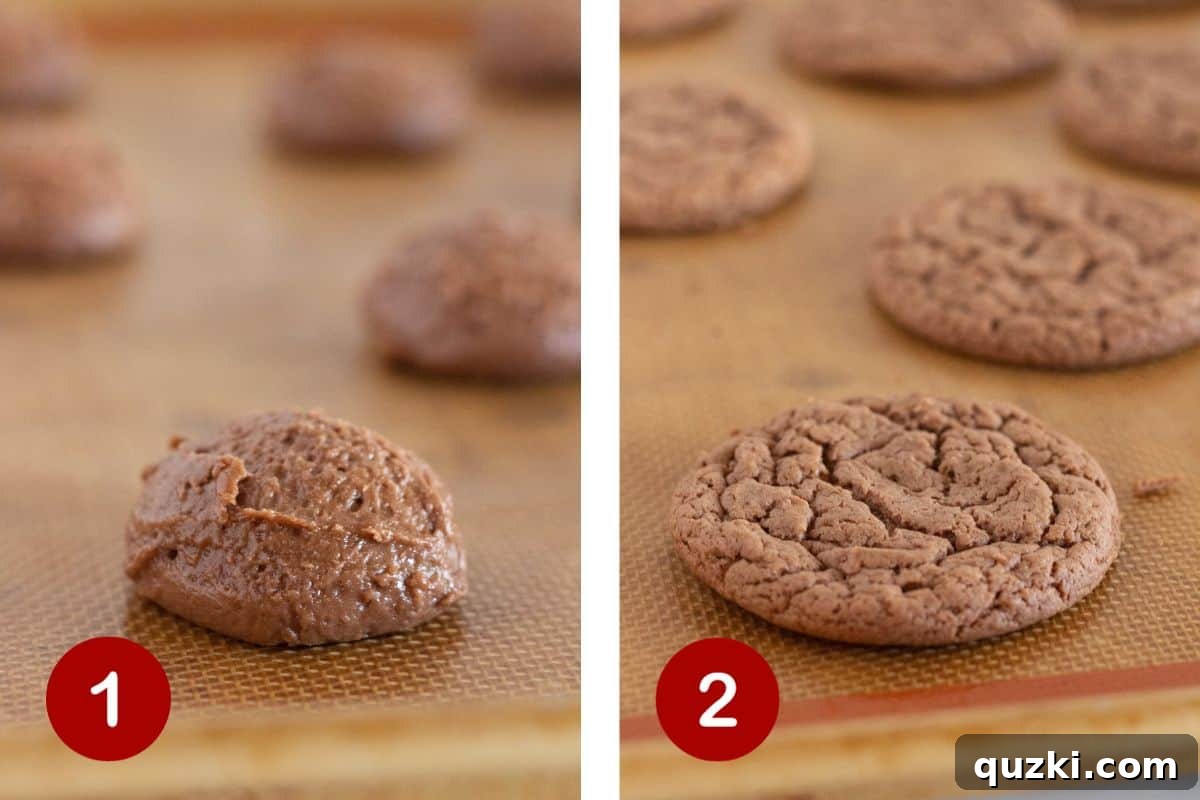 Pratik Alman Çikolatalı Kek Karışımı Kurabiyeleri 4 Two steps of making German Chocolate Cake Mix Cookies: 1) making and scooping the thick cookie dough, and 2) the baked cookies cooling on a baking sheet.
