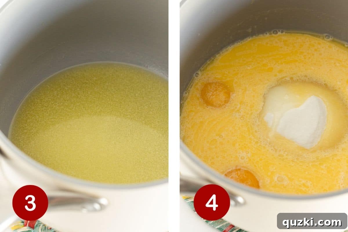 Pratik Alman Çikolatalı Kek Karışımı Kurabiyeleri 5 Steps for German Chocolate Cake Mix Cookies frosting: 3) melting butter in a saucepan, and 4) adding sugar, egg yolks, and evaporated milk to stir.
