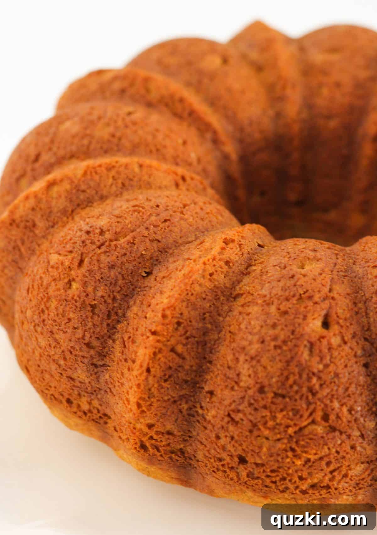 A freshly baked pumpkin spice bundt cake cooling on a cake plate.