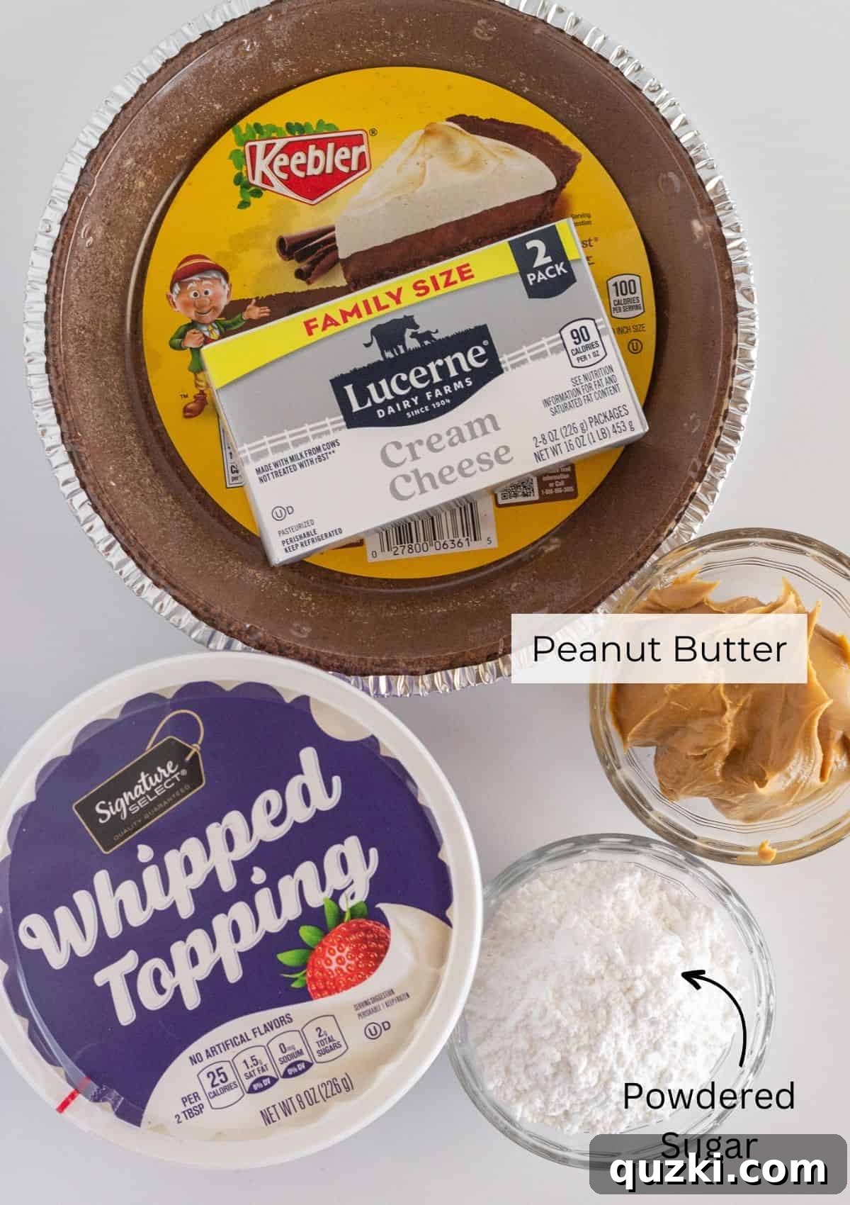Simple No Bake Peanut Butter Perfection 3 The ingredients needed to make no bake peanut butter pie, neatly laid out on a surface.