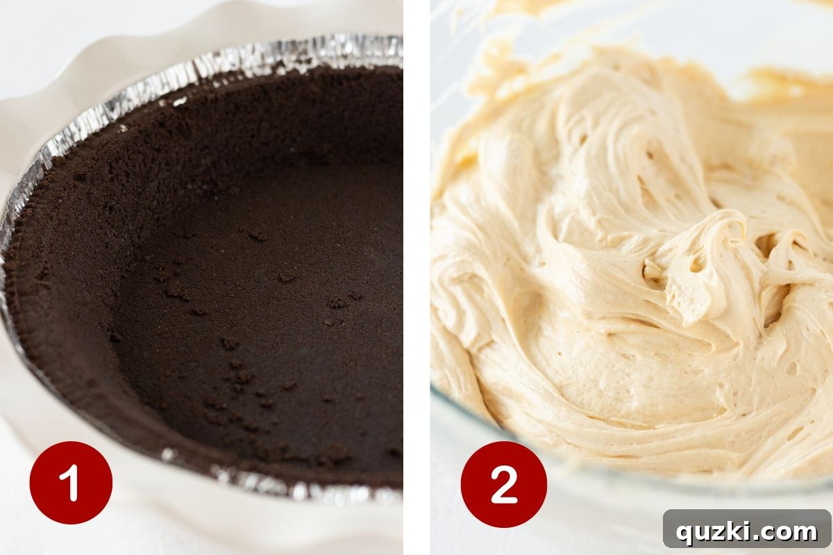 Simple No Bake Peanut Butter Perfection 4 Steps 1 and 2 of making no bake peanut butter pie. 1, get the chocolate crust. 2, make the peanut butter filling.