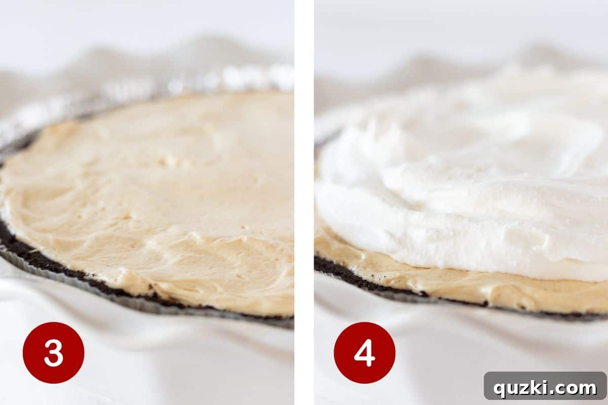 Simple No Bake Peanut Butter Perfection 5 Steps 3 and 4 of making a peanut butter pie. 3, add the filling to the crust. 4, top with whipped cream.