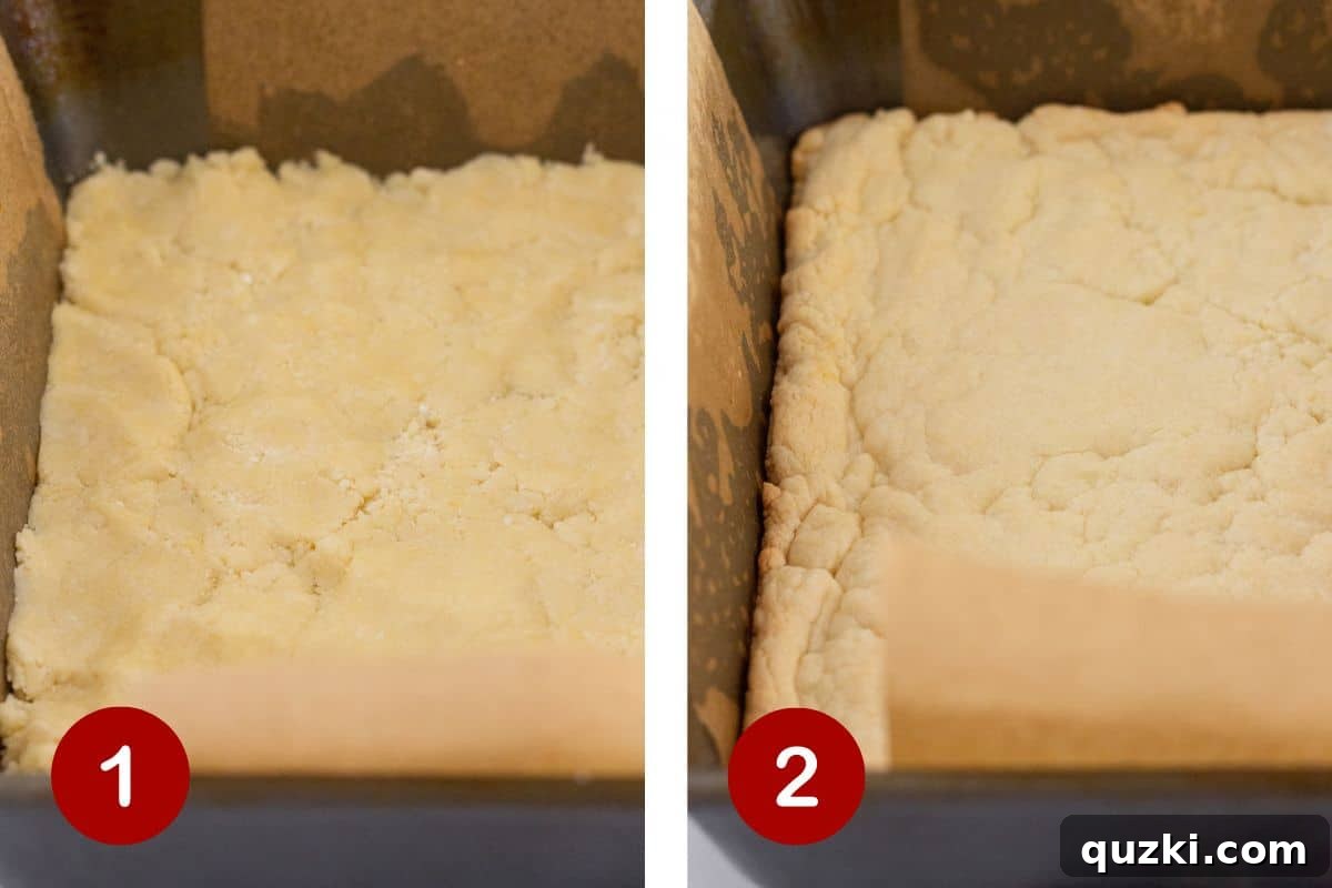 Buttery Toffee Chocolate Chip Bars 4 Visual steps of making the shortbread crust for Easy Toffee Cookie Bars: mixing ingredients, pressing dough into pan, and a perfectly baked golden-brown crust.