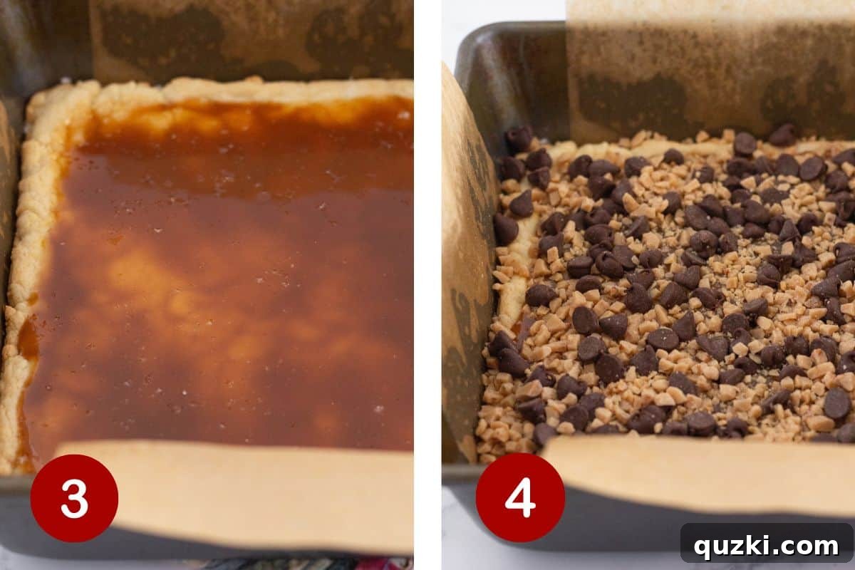 Buttery Toffee Chocolate Chip Bars 5 Process of topping cookie bars with caramel, flaky sea salt, toffee bits, and chocolate chips before final bake.