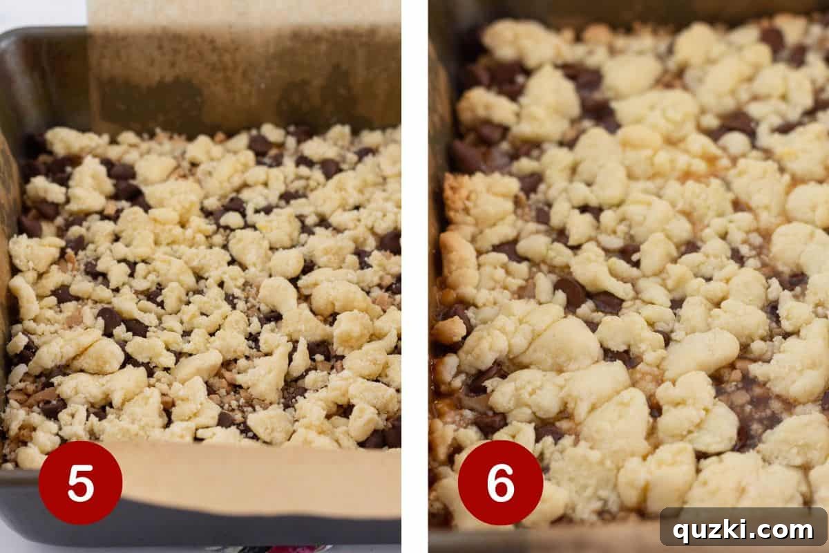 Buttery Toffee Chocolate Chip Bars 6 Finishing steps for Easy Toffee Cookie Bars: crumbling remaining dough on top and baking until golden brown and bubbly.