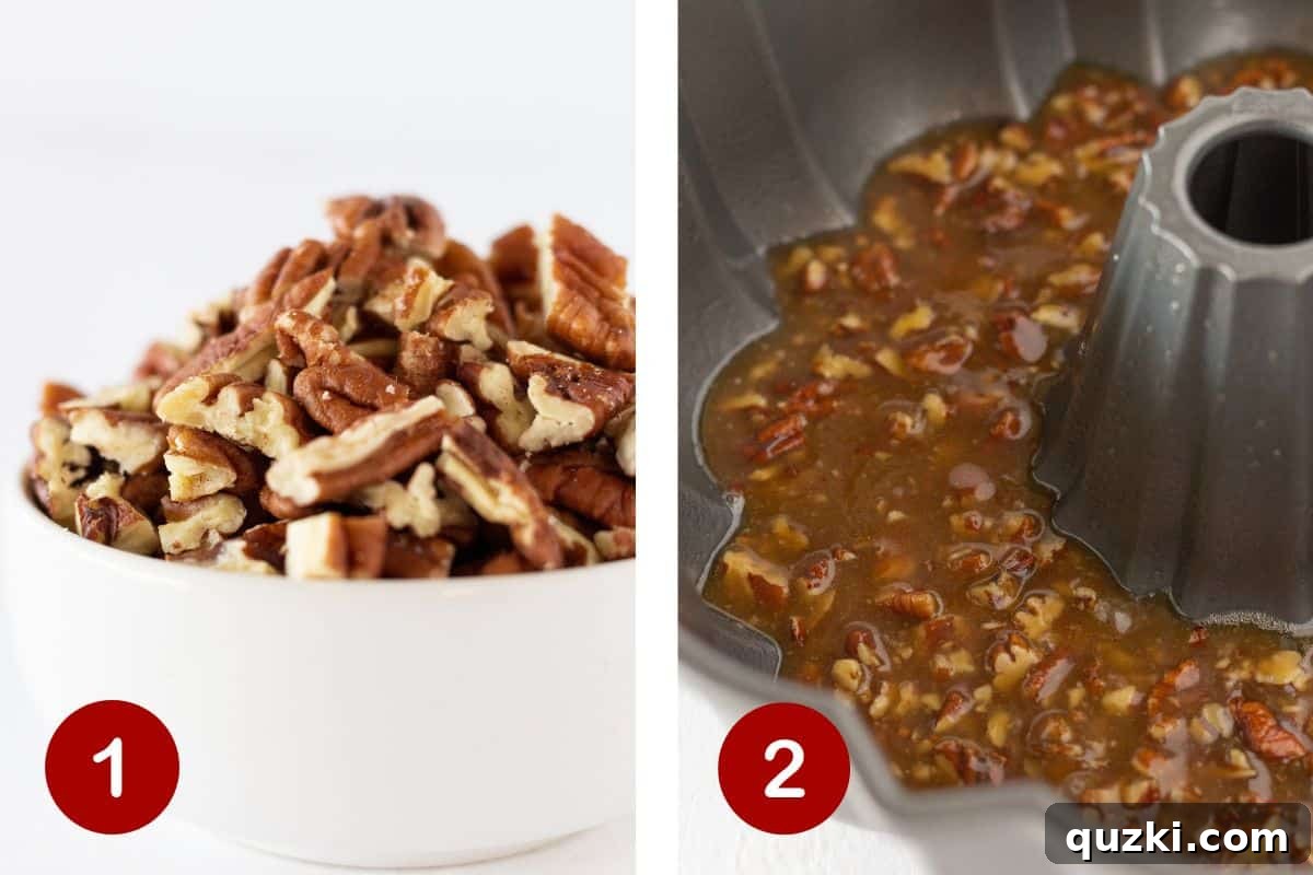 Two images side by side. The first shows ingredients for pecan topping being mixed in a bowl. The second shows the mixed pecan topping being poured into a prepared bundt pan.