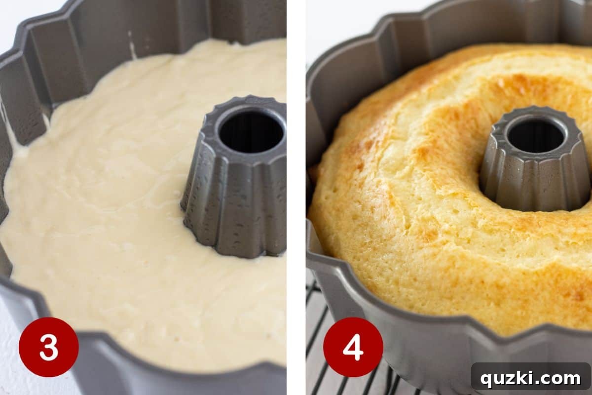 Two images side by side. The first shows mixing cake batter in a bowl. The second shows the cake batter poured over the pecan topping in the bundt pan, ready for baking.